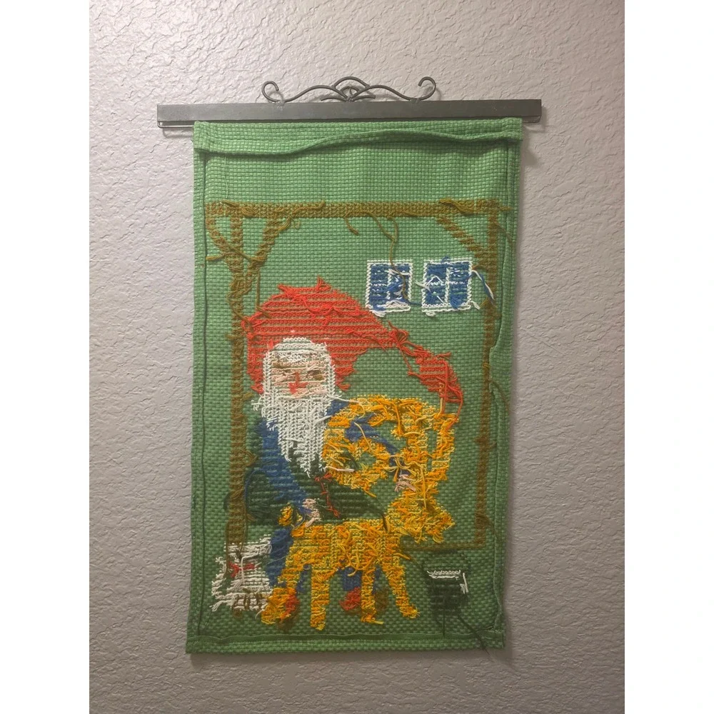 Large Vintage Elf Gnome Scandinavian Nordic Christmas Needlework Wall Hanging